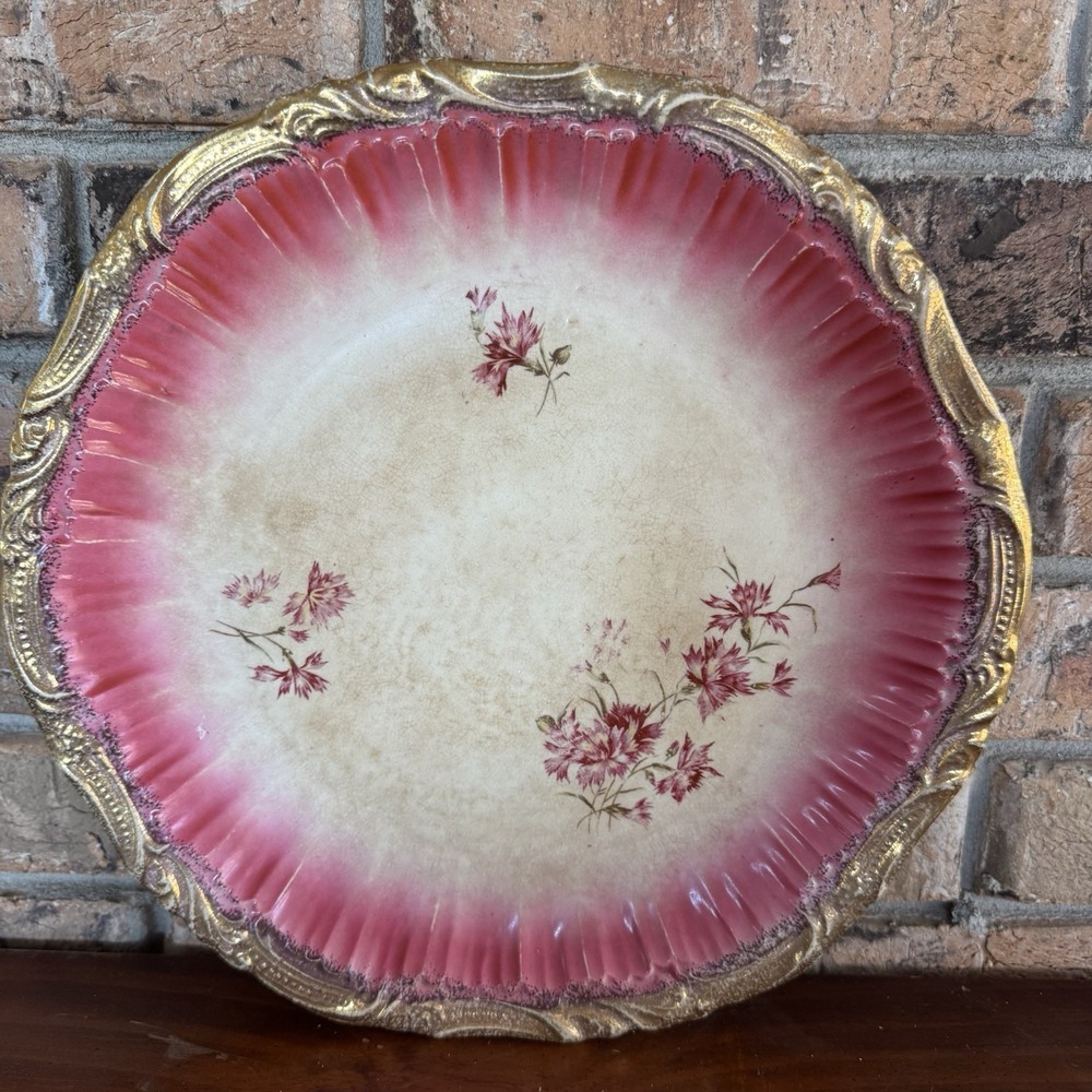 Antique Pink Floral Plate Gold Gilt Rim Victorian Art Nouveau Charger - Picture 2 of 8